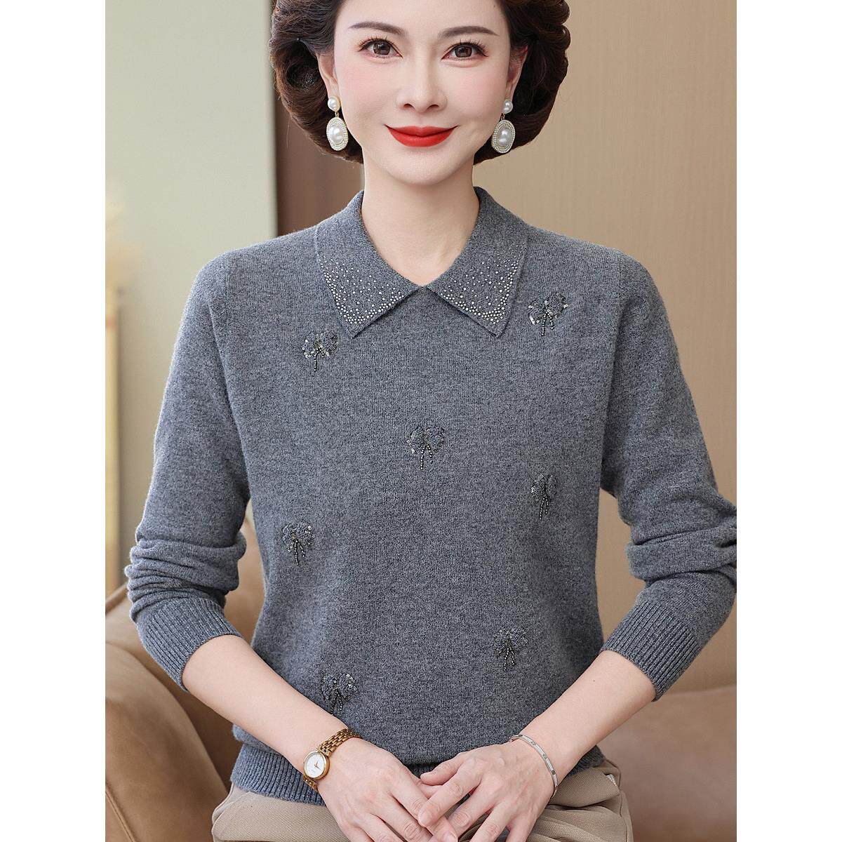 恒源祥中老年毛衣女2025新款妈妈装翻领羊毛衫100纯羊毛洋气上衣