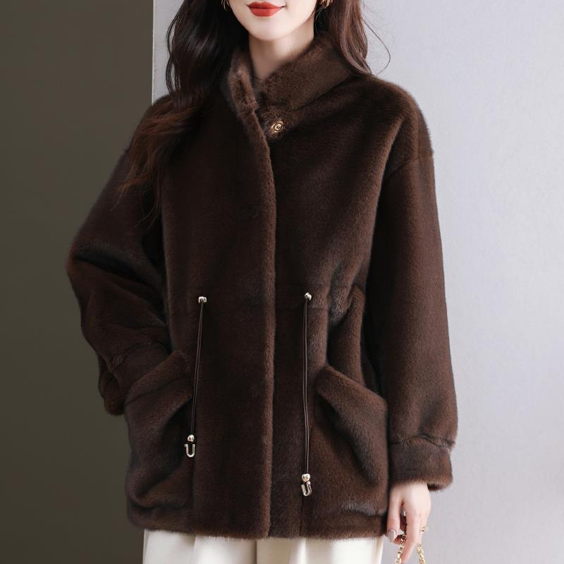 水貂绒皮草大衣外套女开衫立领宽松大码羊毛衫短款单排扣双口袋厚