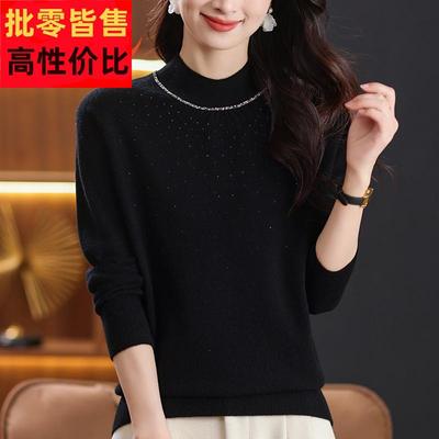 2025秋冬新款黑色半高领毛衣女100纯羊毛打底衫洋气妈妈内搭上衣