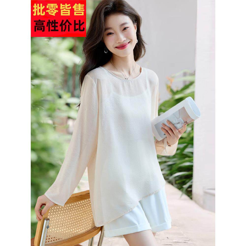 2025新夏季长袖不对称防晒雪纺衬衫空调衬衫开衩光和微微透视上衣