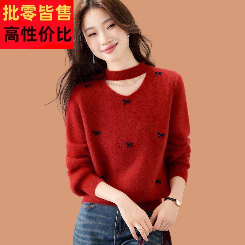绝美巨好看红色毛衣女款2026新款爆款蝴蝶结设计感挂脖羊毛打底衫