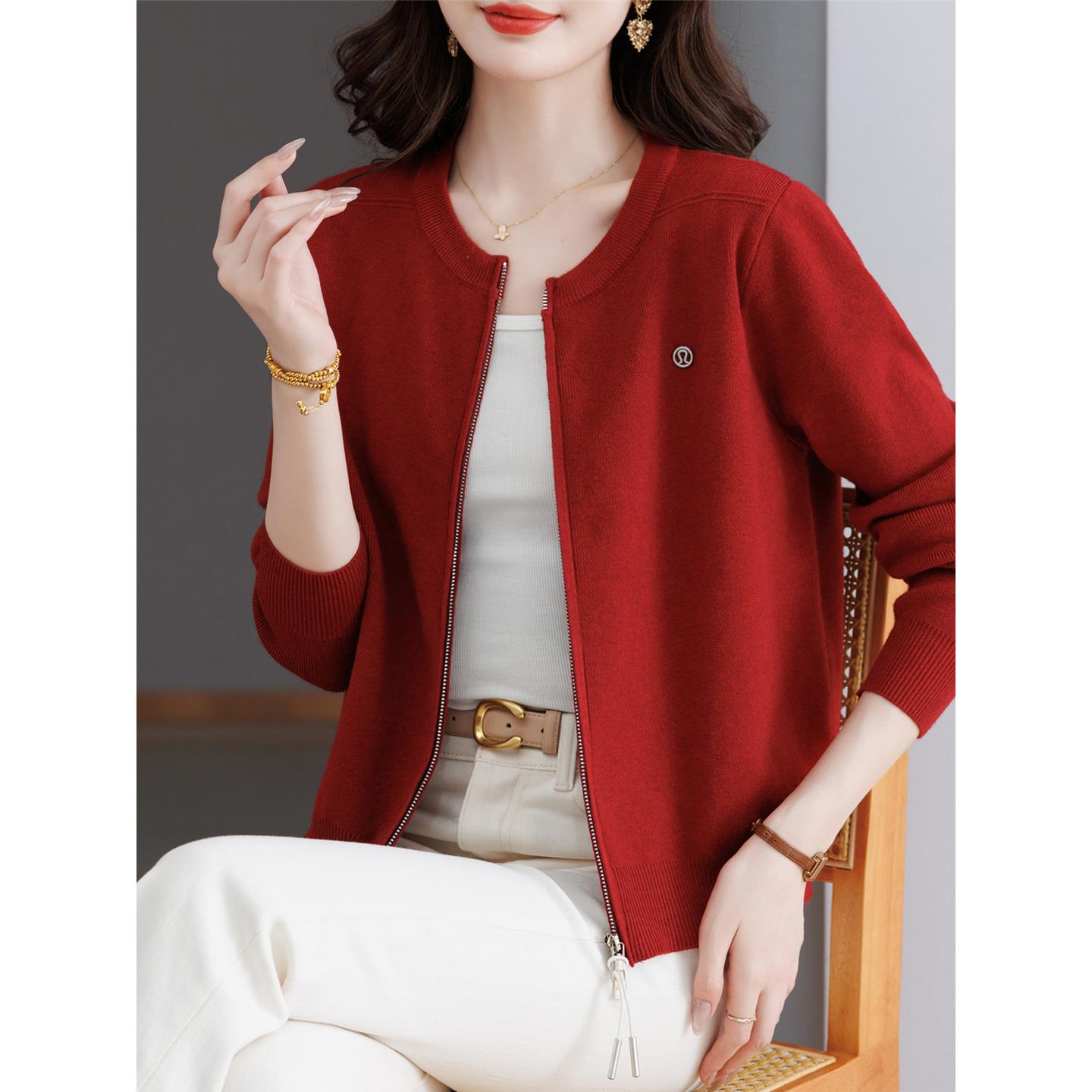 红色针织棒球服女开衫短外套2025春秋毛衣外搭上衣双拉链长袖卫衣