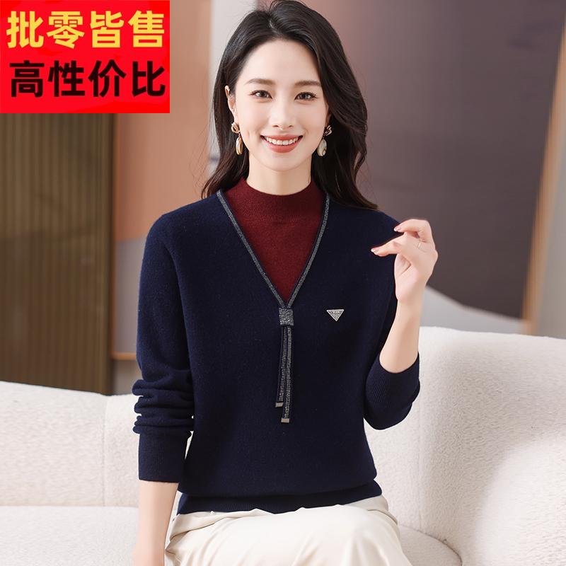 假两件羊毛衫女秋冬季新款加厚半高领毛衣中年妈妈内搭针织打底衫