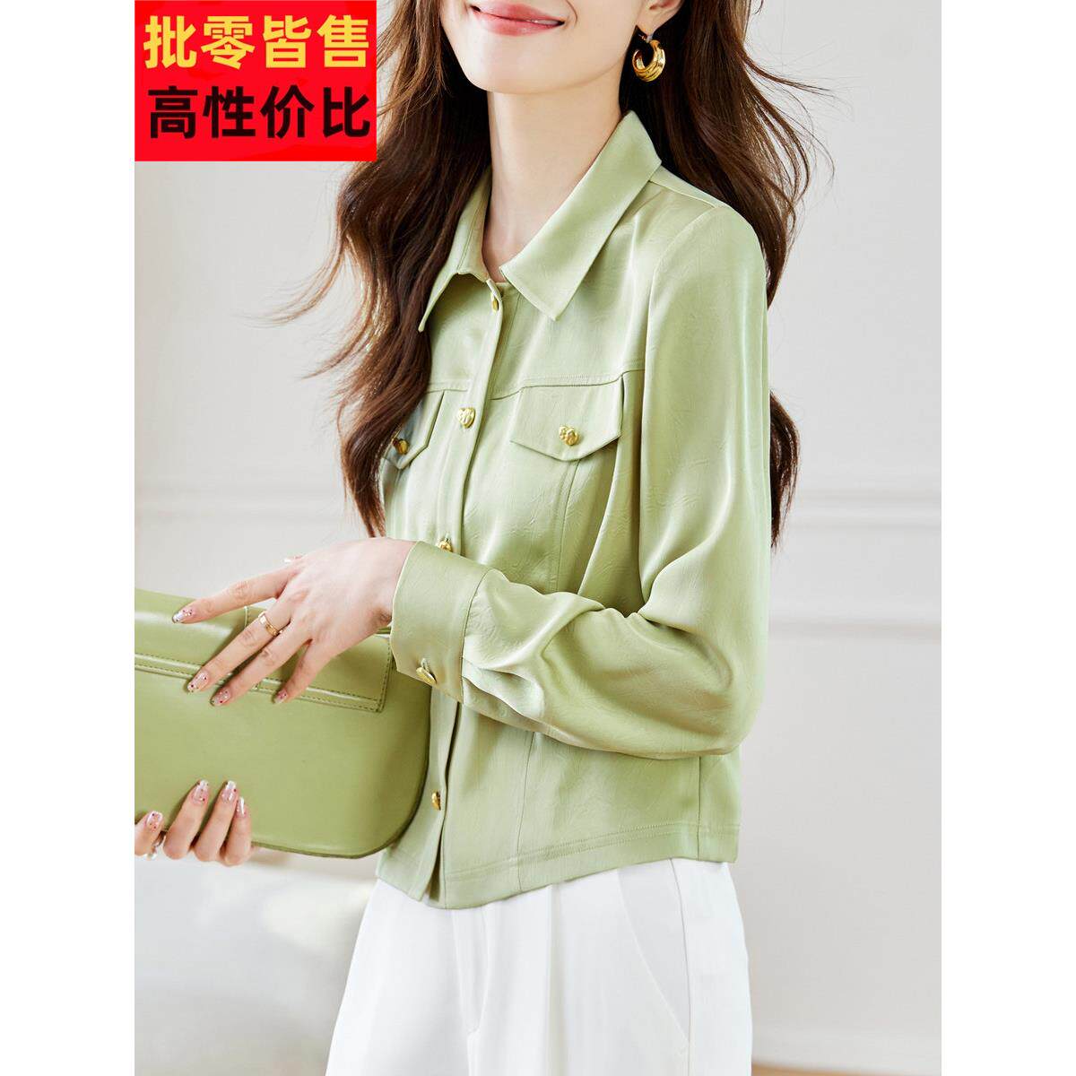 2025新款秋季小衬衫，修身短衬衫，时尚翻领长袖女士高端上衣，纤