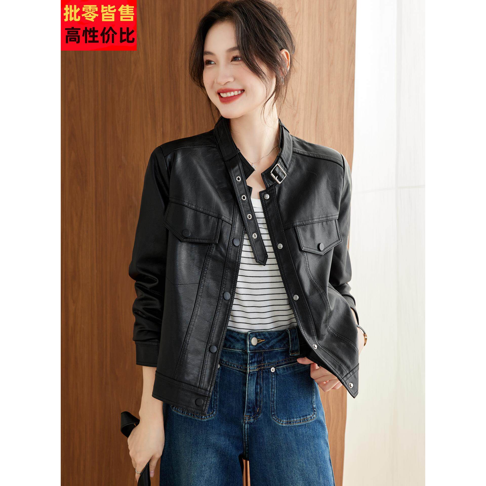 酷飒风立领皮衣外套女2025春秋季新款短款小个子时尚PU皮夹克上衣