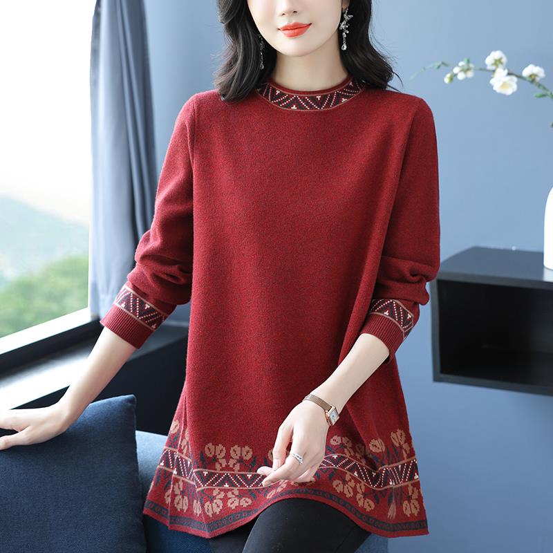 中老年妈妈装圆领毛衣女秋冬中长款打底衫绣花羊毛衫A字裙宽松厚