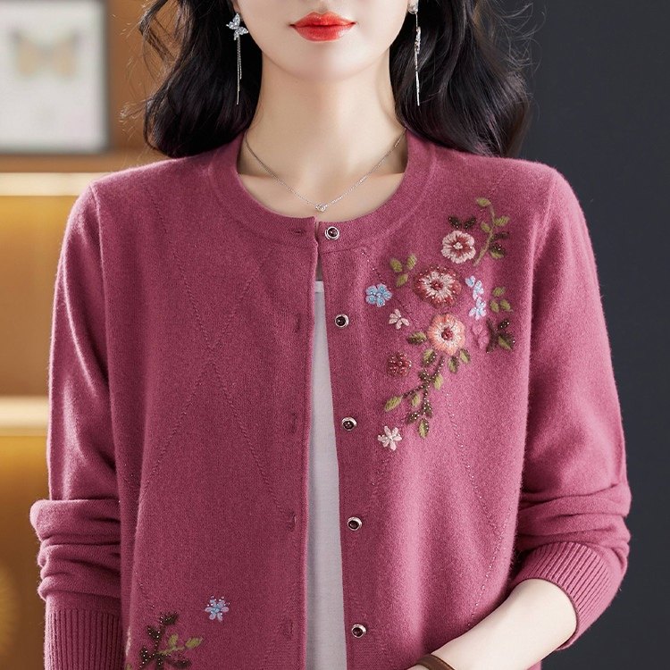 羊毛开衫女宽松外穿100纯羊毛2024春秋款圆领针织衫洋气妈妈外套