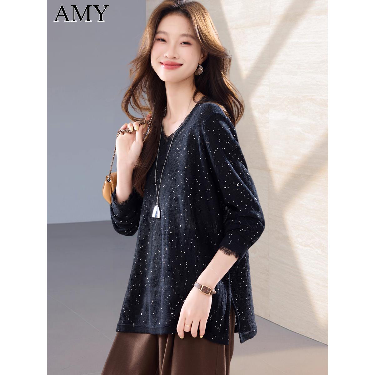 2025秋季新款冰丝法式蕾丝V领慵懒针织T恤气质亮片黑色罩衫上衣女