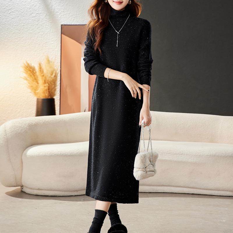 花色高领毛衣女秋冬超长款过膝羊毛衫毛衣裙洋气打底衫宽松大码厚