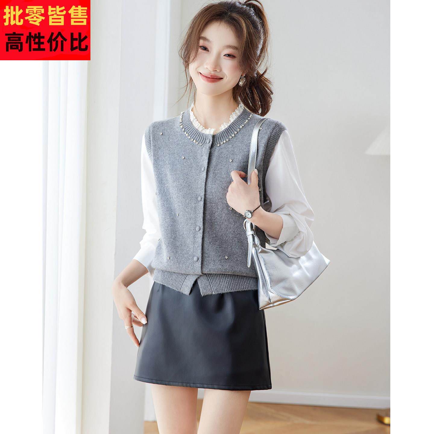 高级感假两件灰色针织开衫女春秋季2026新款小个子拼接毛衣外套薄