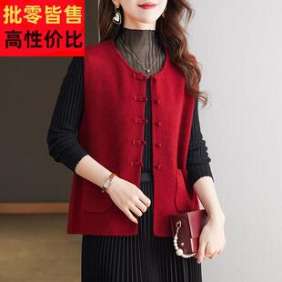 无袖马甲外套女开衫短款圆领羊毛衫高腰小个子宽松红色上衣秋装