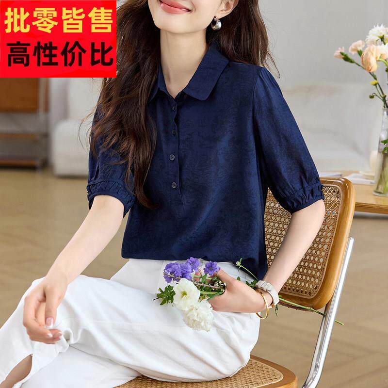 高级感覆古短袖衬衫女夏季2025新款气质衬衫女士上衣薄款中年小衫