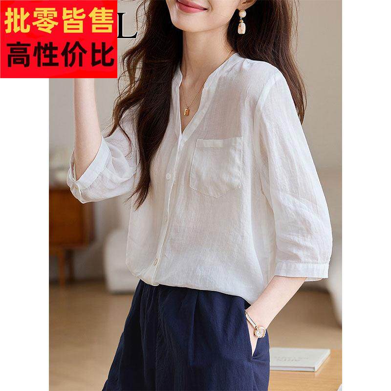 夏季新款超好看白色苎麻衬衫上衣女早秋高级感中袖宽松棉麻风小衫