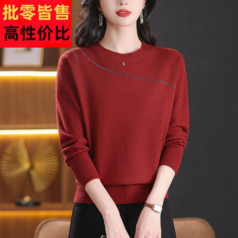 圆领红色毛衣女士短款秋冬2025新款妈妈小个子洋气针织打底衫上衣