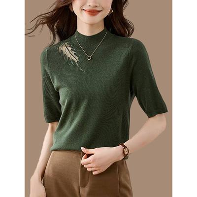 半高领半袖羊毛针织衫女夏秋薄款修身显瘦年轻妈妈五分袖打底上衣