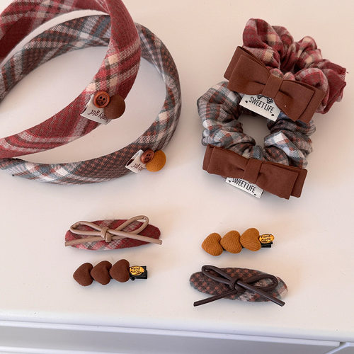 秋冬学院风复古格纹蝴蝶结发圈小众马尾发绳甜美发箍气质爱心发夹