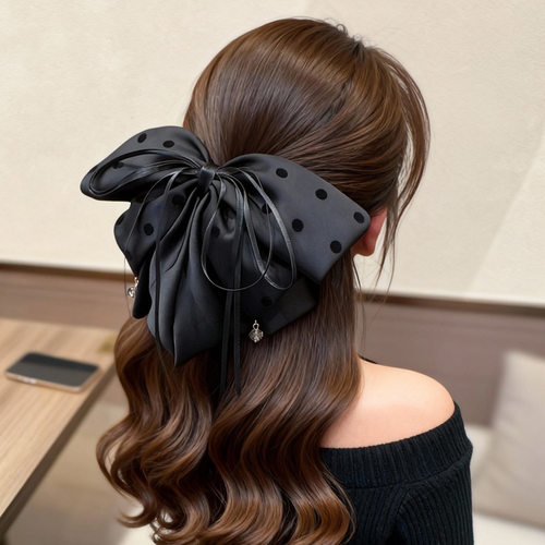 新款超大飘带波点蝴蝶结抓夹后脑勺半扎发马尾夹高级感发夹鲨鱼夹
