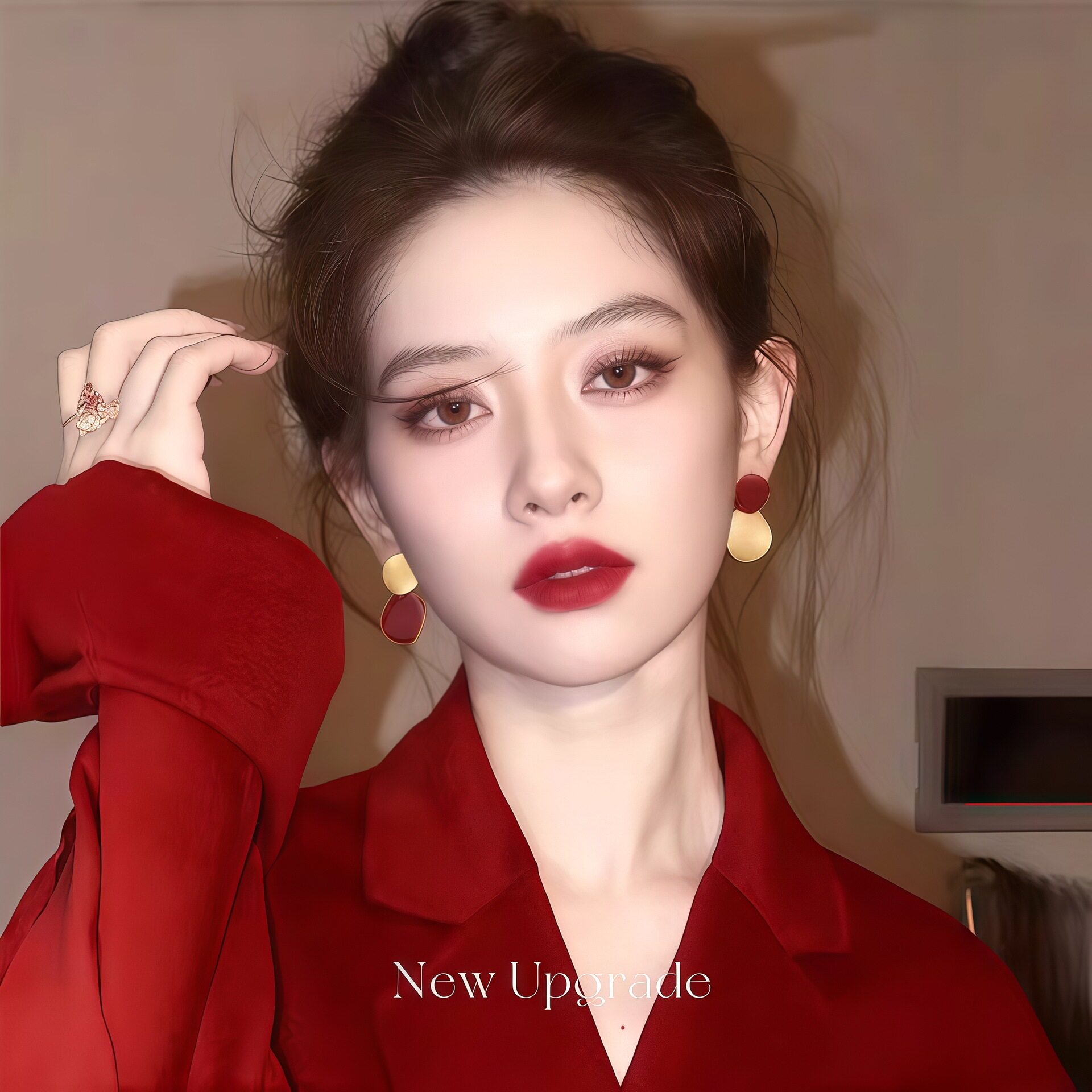 S925纯银针红金圆片不对称耳钉女轻奢高级感拉丝耳环气质百搭耳饰