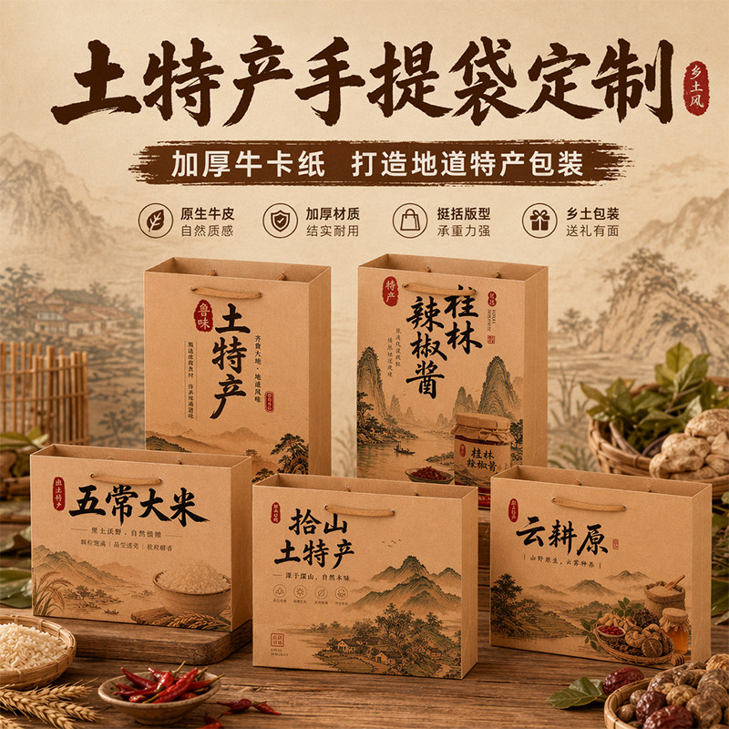 土特产手提袋定制礼品袋纯手工加厚牛皮纸农产品包装袋纸袋定做cx