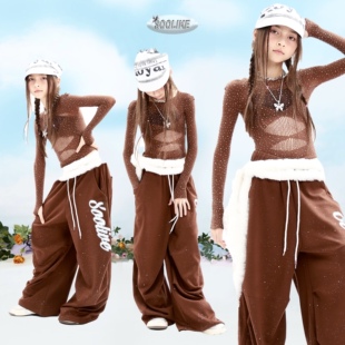 Soolikes女童爵士舞演出服满钻长袖表演服装辣妹风休闲运动卫裤