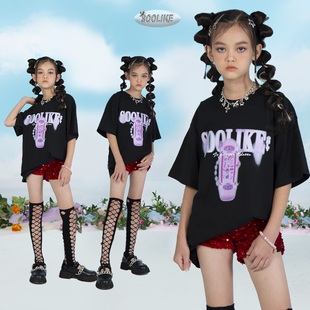 SOOLIKE 爵士舞蹈女童服装夏季滑板印花短袖短裤套装女团街舞演出