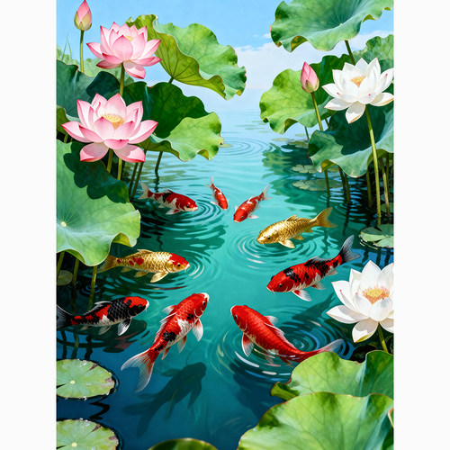 中式九鱼图玄关自粘山水装饰画