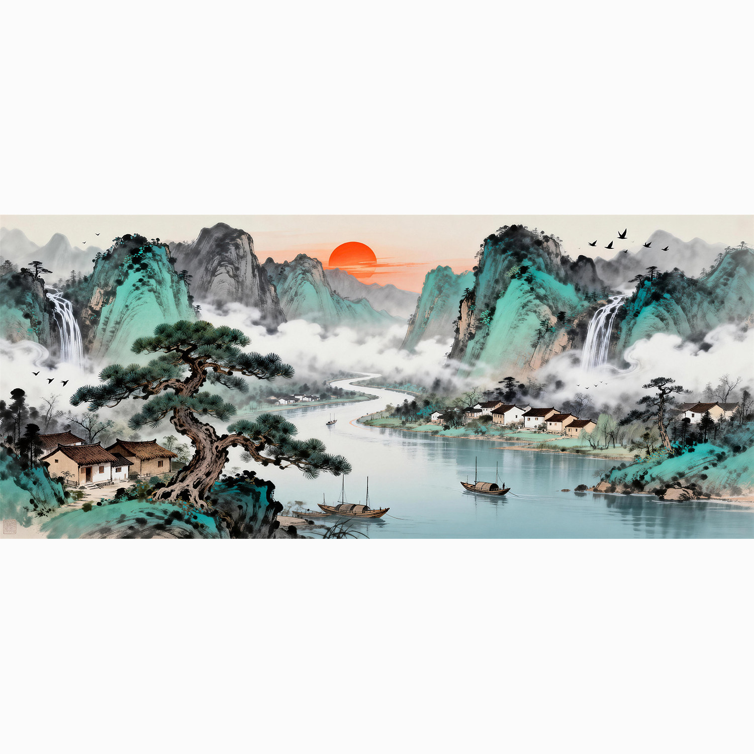 中式山水风景装饰画客厅无框画芯油画布粘贴纸自粘贴艺术画