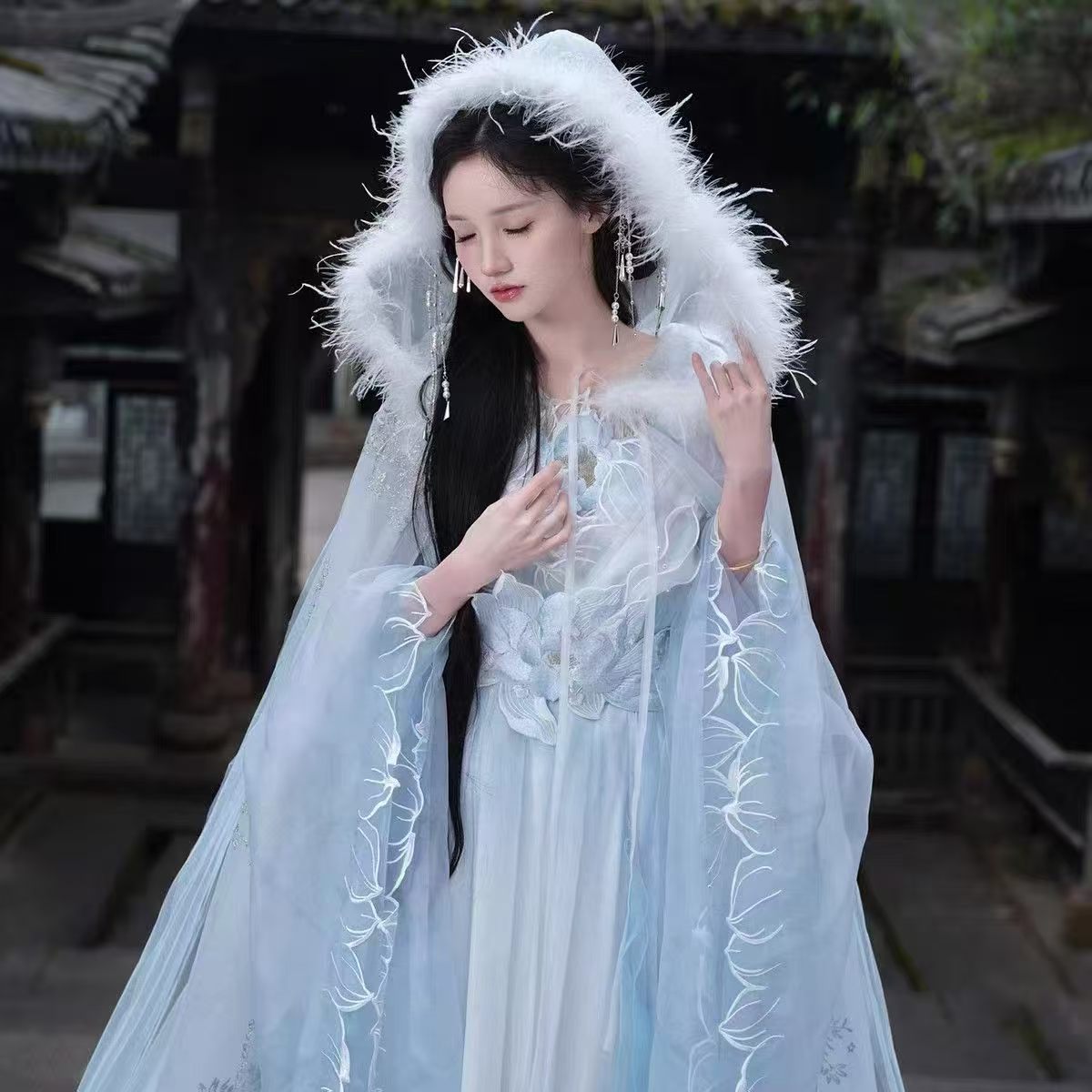 仙女风汉服套装浅蓝色重工刺绣大袖南北朝仙气古装