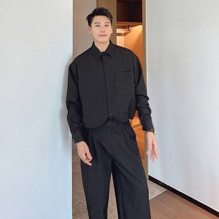 300斤套装 春秋宽松外套阔腿休闲裤 褶皱感长袖 男士 2件套潮 衬衫 大码