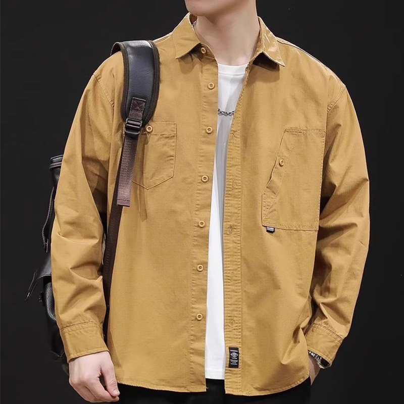 胖子秋季纯棉工装长袖衬衫男士加肥加大码大码休闲夹克衬衣外套潮
