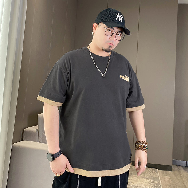 青年大码300斤夏季男士胖子半袖体恤加肥加大码五分宽松短袖T恤衫