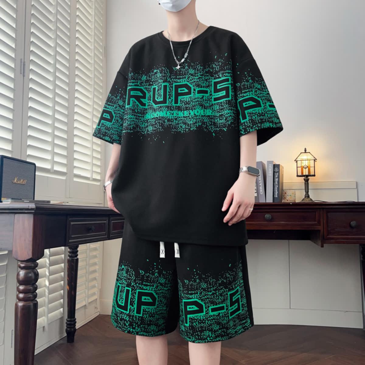 胖子运动休闲五分袖套装男士夏季新款一整套短袖加肥加大码两件套