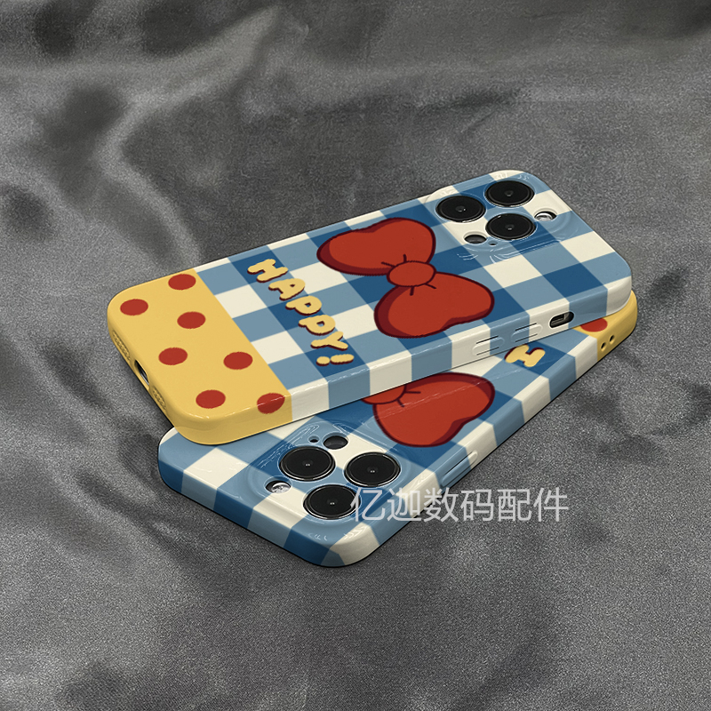艺术蝴蝶结格子适用苹果13手机壳iPhone16promax创意小众新款14pro菲林超薄14plus简约12大孔11防摔硬壳软壳X