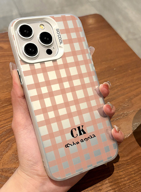 适用于iphone16promax手机壳粉色格纹60375苹果12/13小米14华为Pura70男女高级感新款彩银软壳简约保护套防摔