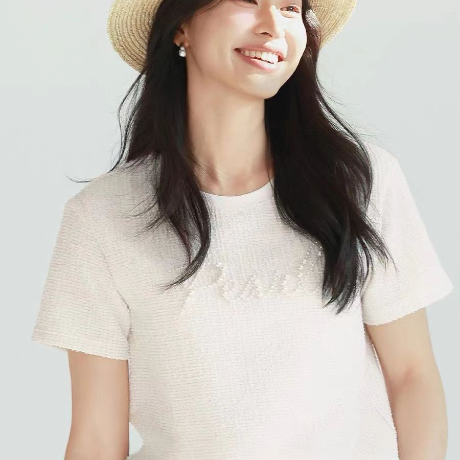 2025夏季上新小香风时尚重工钉珠绣花字母短袖T恤女