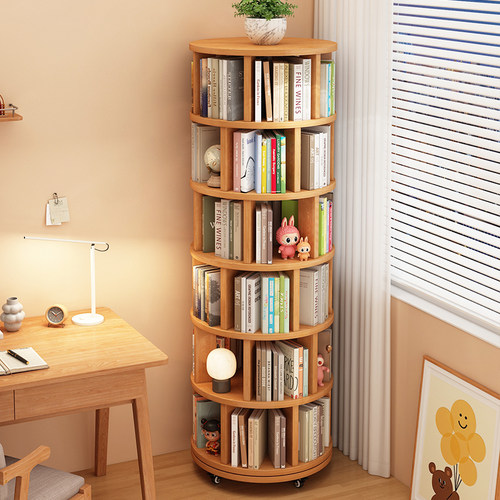 实木旋转书架360度书柜置物架落地一体靠墙可移动转角儿童小窄柜