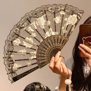 新中式 古风蕾丝折叠扇子夏天便携国风舞蹈马面裙拍照黑色小折扇女