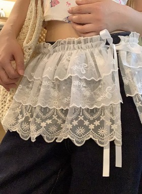 白色芭蕾风蕾丝半身裙屁帘女春夏季韩系叠穿绑带配牛仔裤遮臀短裙
