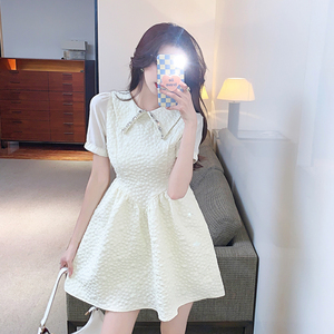 RM9860#港味网红法式设计感重工镶钻复古娃娃领高腰显瘦连衣裙