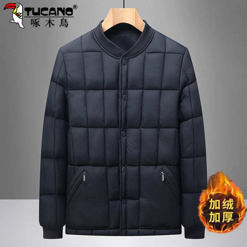 啄木鸟中年格子保暖棉衣外套男士爸爸秋冬加绒加厚棒球领棉服上衣