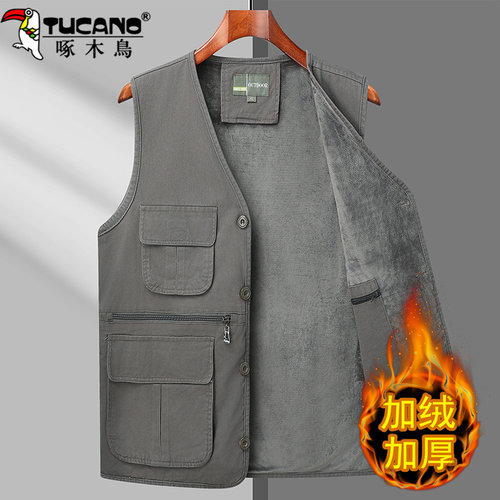 啄木鸟纯棉马甲男秋冬加绒加厚保暖马夹中老年爸爸多口袋外穿背心