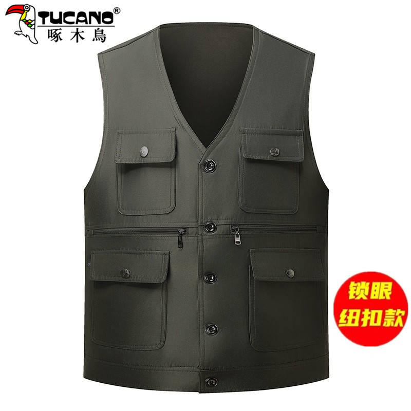 啄木鸟马甲男春秋季爸爸外穿休闲多口袋马夹中老年人背心坎肩