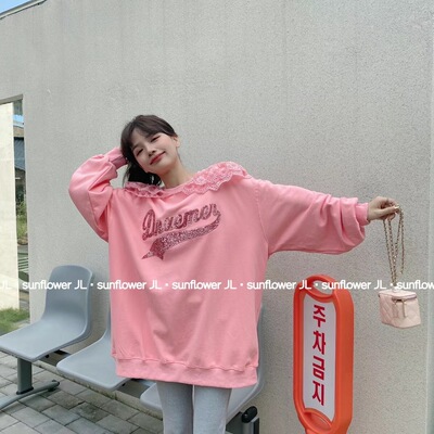 秋冬亮片刺绣蕾丝宽松大码卫衣女