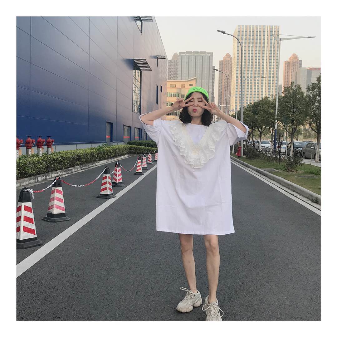 JL SUNFLOWER春夏季韩版蕾丝拼接中长款宽松百搭显瘦短袖t恤女装