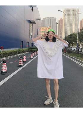 JL SUNFLOWER春夏季韩版蕾丝拼接中长款宽松百搭显瘦短袖t恤女装