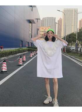 JL SUNFLOWER春夏季韩版蕾丝拼接中长款宽松百搭显瘦短袖t恤女装