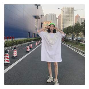 JL SUNFLOWER春夏季韩版蕾丝拼接中长款宽松百搭显瘦短袖t恤女装