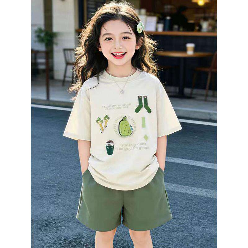 女童短袖T恤套装夏季2026新款儿童印花上衣韩版女大童短裤两件套