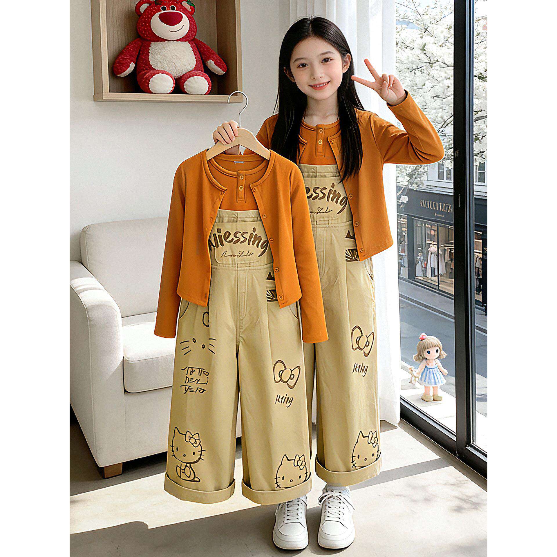 女童时髦背带裤套装夏季薄款2026新款儿童三件套上衣女孩洋气衣服