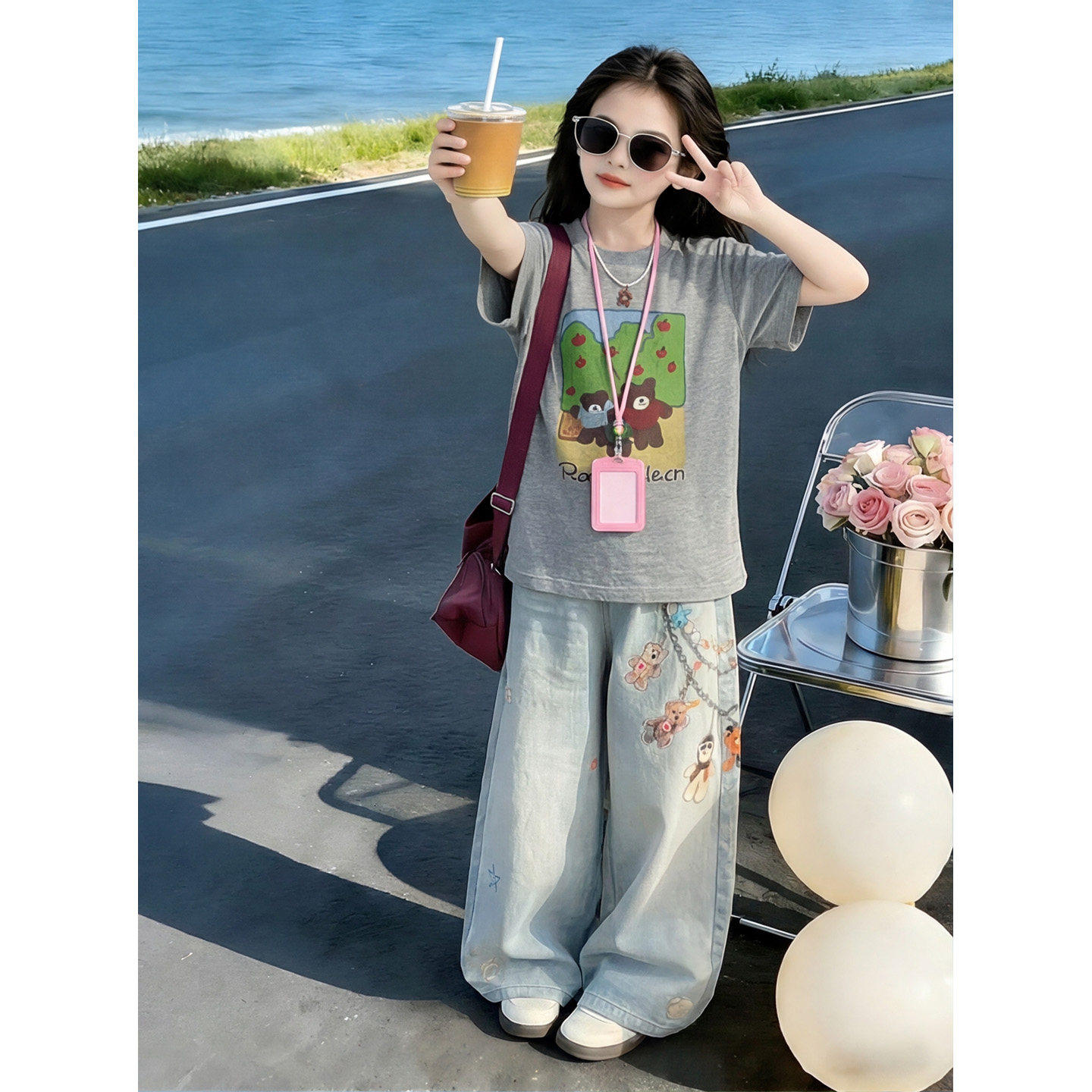 女童夏季套装2026新款卡通短袖T恤牛仔阔腿裤休闲两件套韩版洋气
